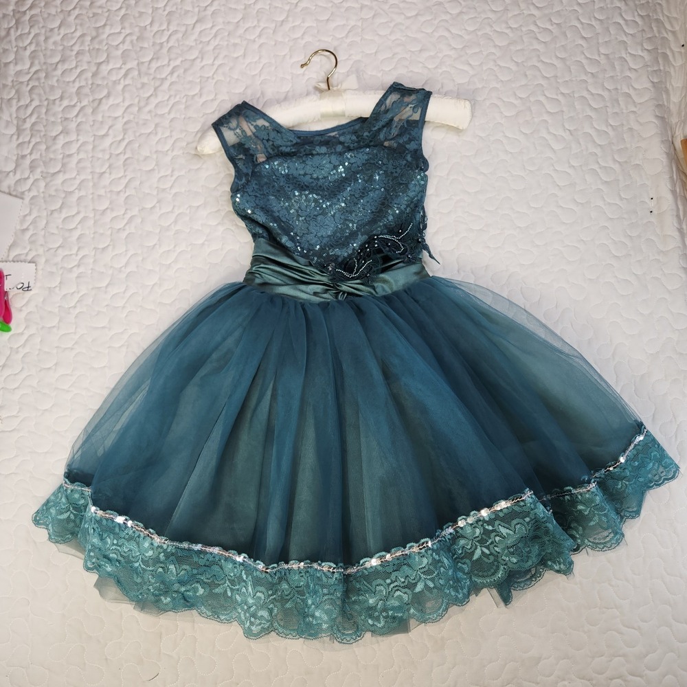 WEISSMAN IC 7/8 Teal Dance Costume LEOTARD TUTU Full Tulle Skirt SEQUINS 15831